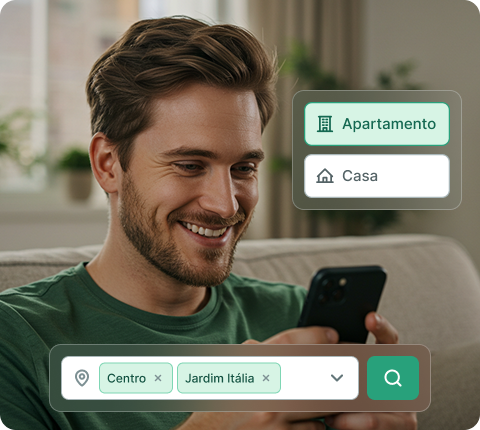 Uma pessoa segurando um celular e realizando uma busca de imóveis