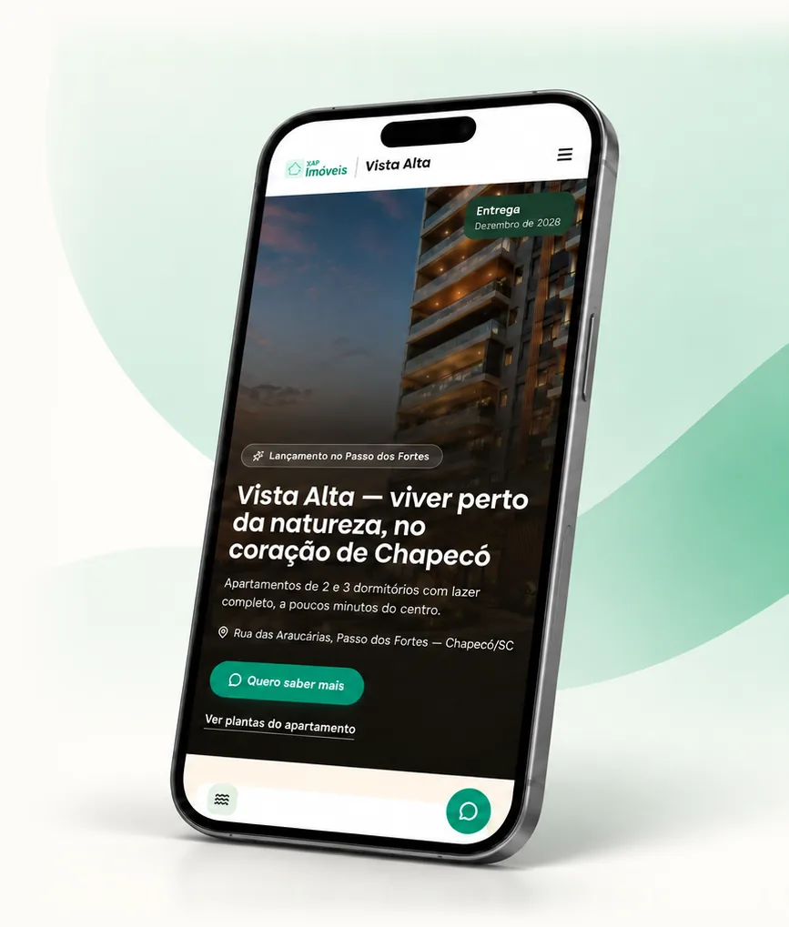 Página do empreendimento Vista Alta aberta no celular, com a foto do prédio e o botão “Quero saber mais”