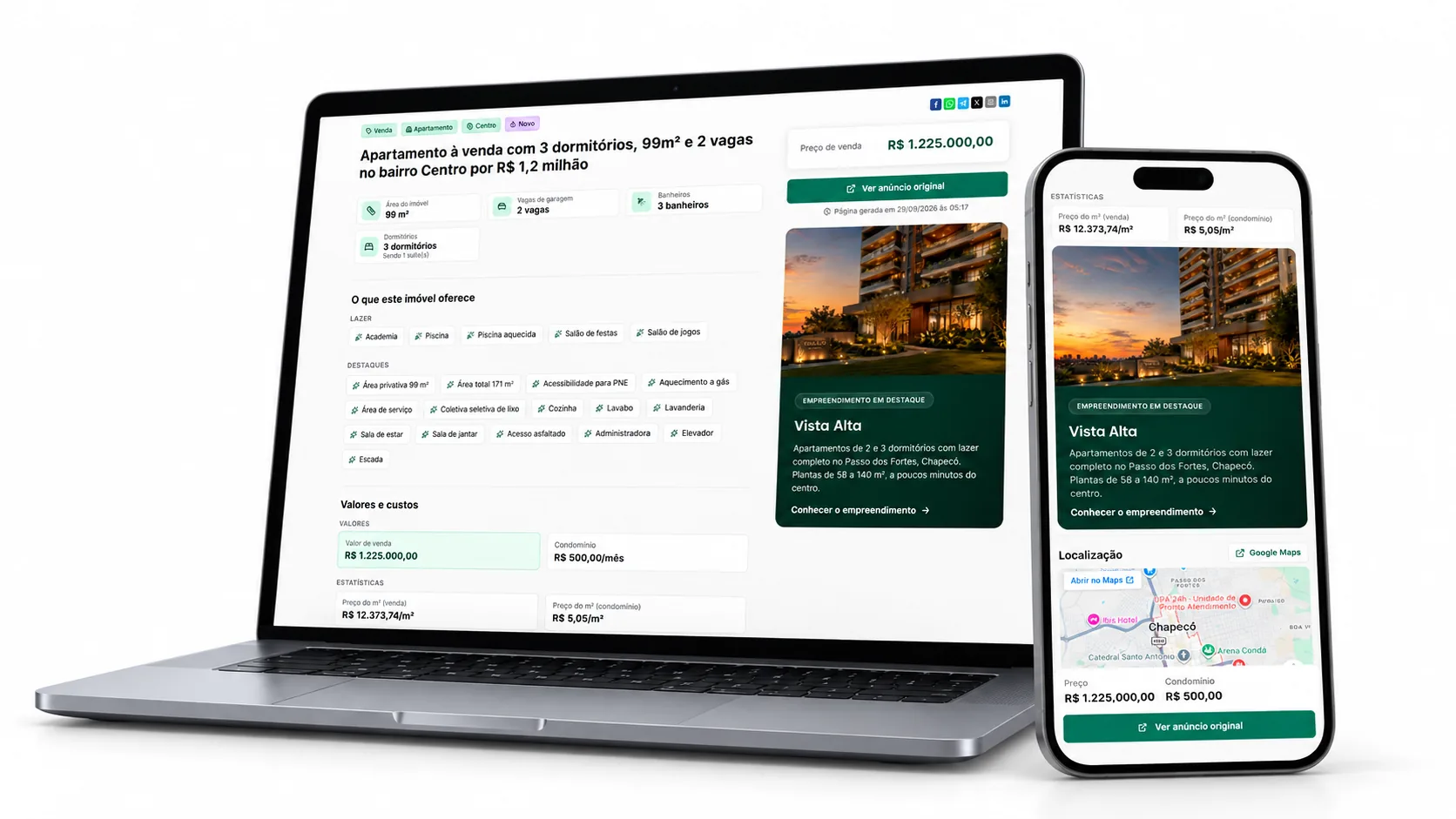Página de um apartamento à venda no xapimoveis aberta no notebook e no celular, com o banner do empreendimento Vista Alta em destaque
