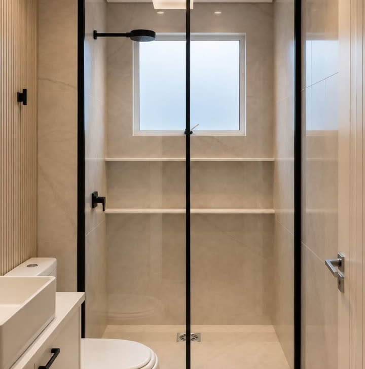 Box de banho com porta de abrir em vidro e perfil preto, em banheiro revestido de porcelanato bege