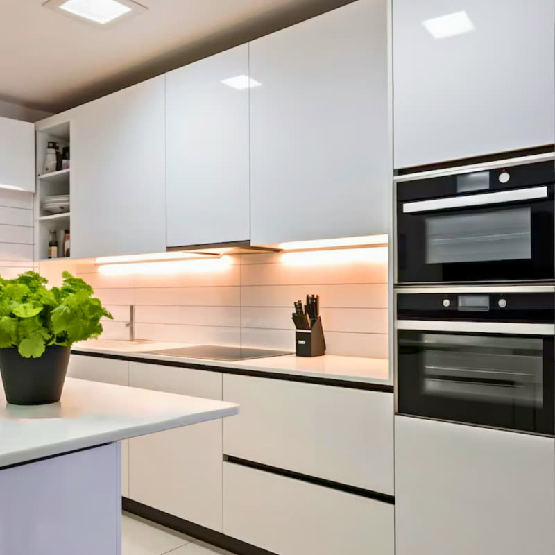Cozinha branca linear com puxadores perfil, torre quente com forno e micro-ondas embutidos e iluminação quente sob os armários aéreos