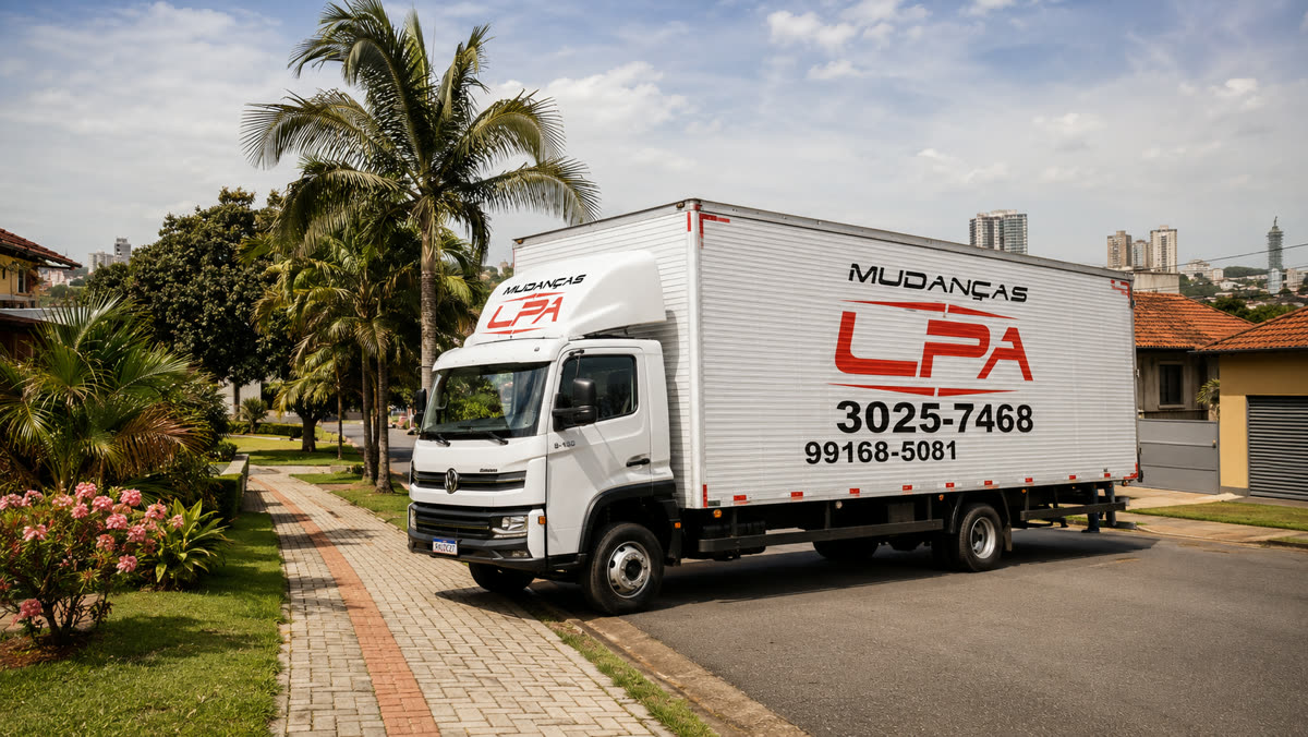 Caminhão baú branco da LPA Mudanças estacionado na rua de um condomínio residencial arborizado