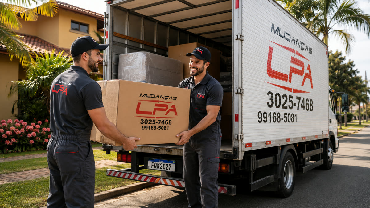 Dupla de carregadores da LPA Mudanças posicionando uma caixa de papelão na traseira do caminhão baú, em frente a uma residência
