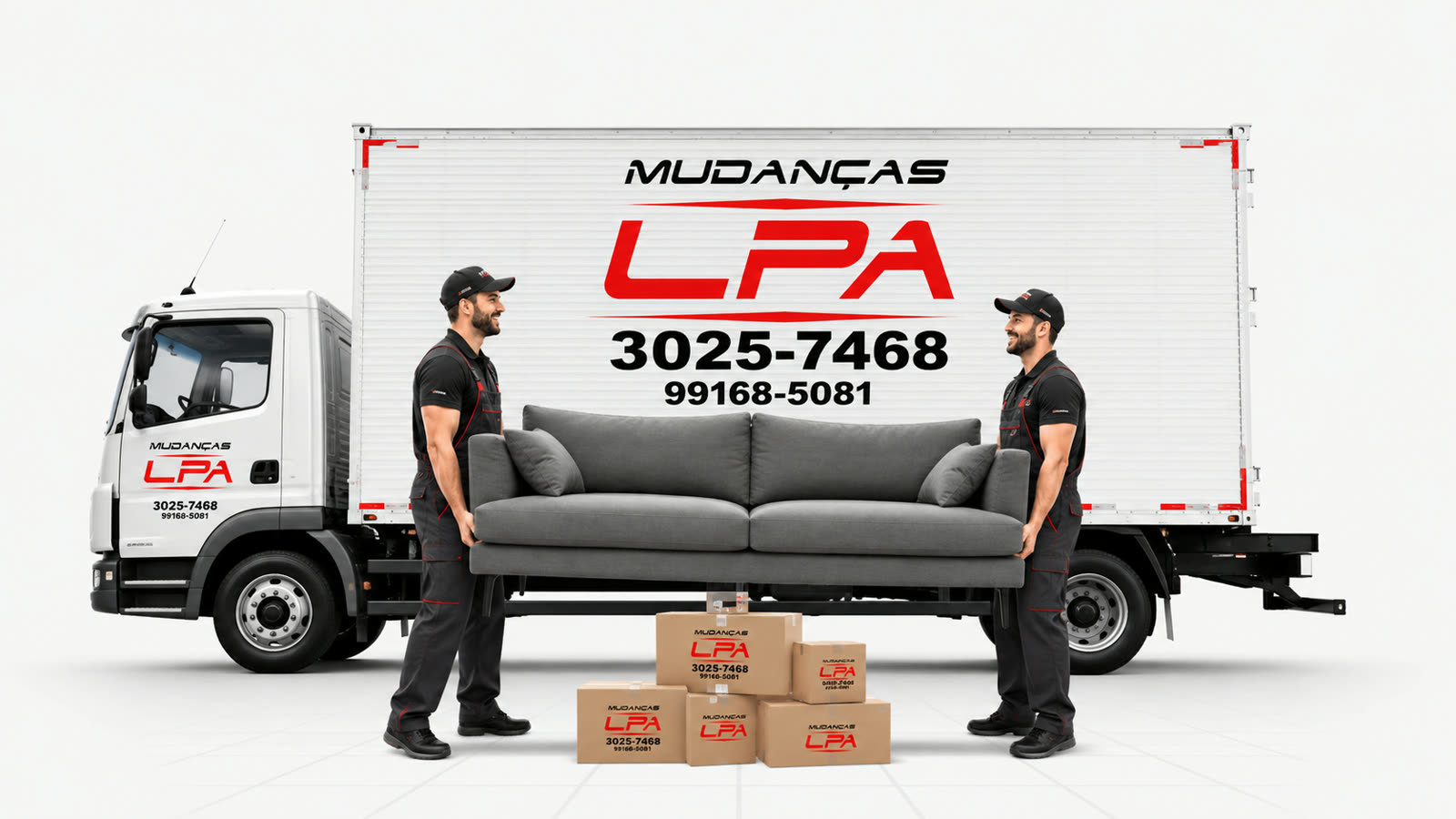 Dois carregadores uniformizados da LPA Mudanças erguendo um sofá cinza ao lado do caminhão baú da empresa, com caixas empilhadas à frente