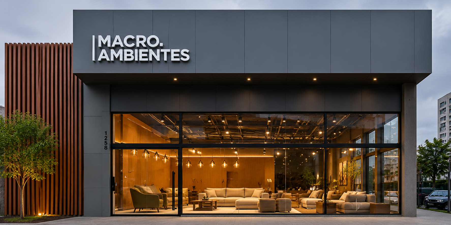 Fachada da loja Macro Ambientes ao entardecer: vitrine iluminada em luz quente mostrando sofás e poltronas do showroom