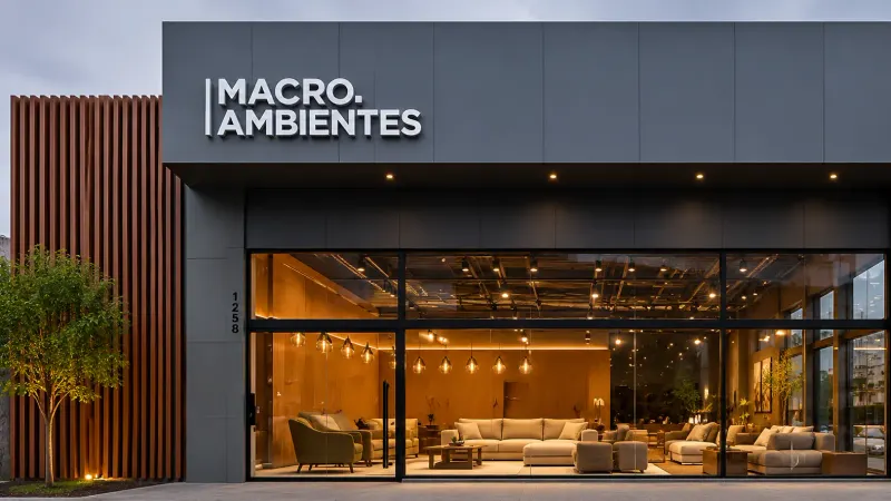 Fachada iluminada do showroom, com vitrine de vidro mostrando sofás e poltronas
